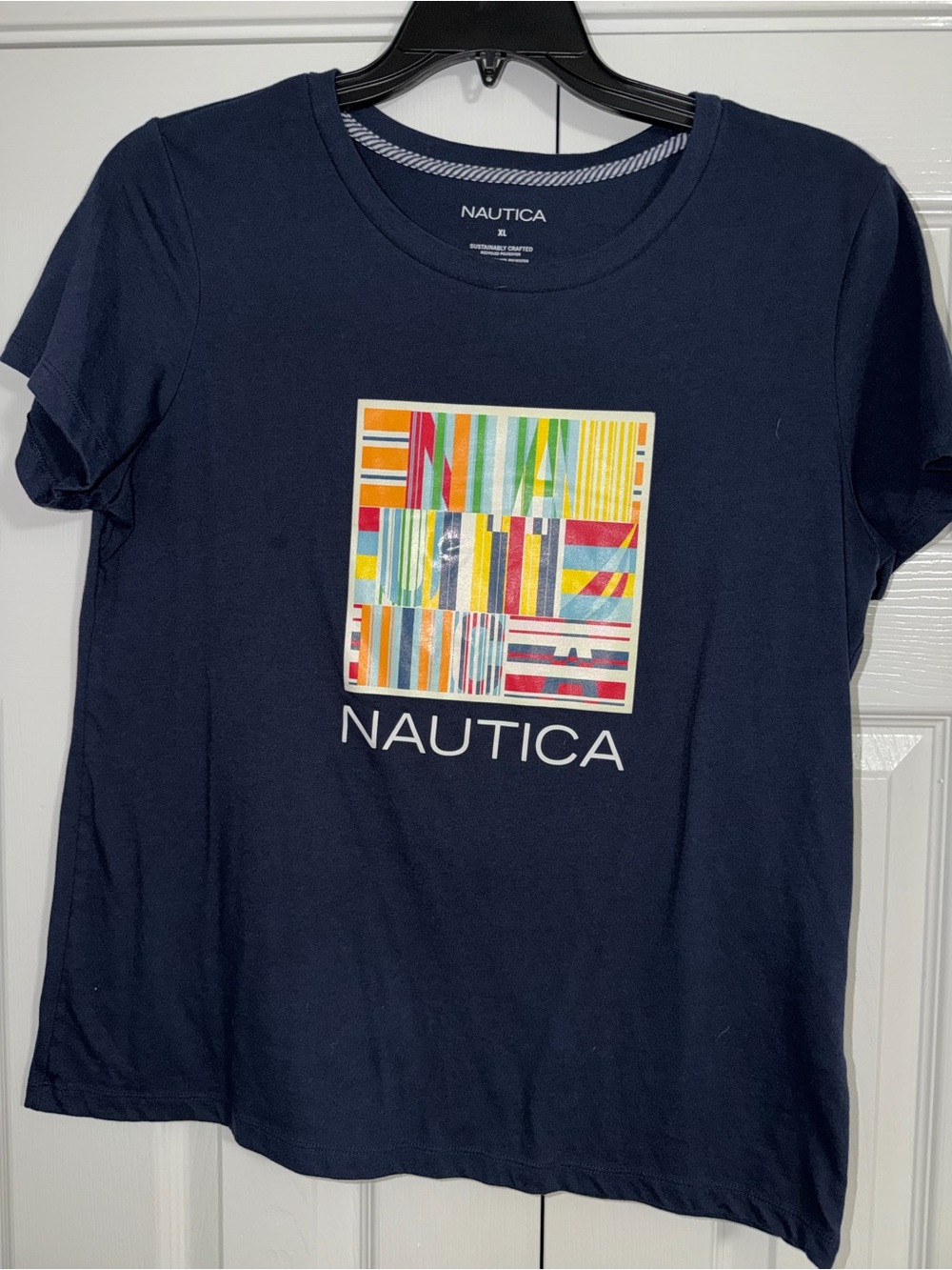Nautica Navy Short Sleeve Tee with Multicolor Striped Graphic